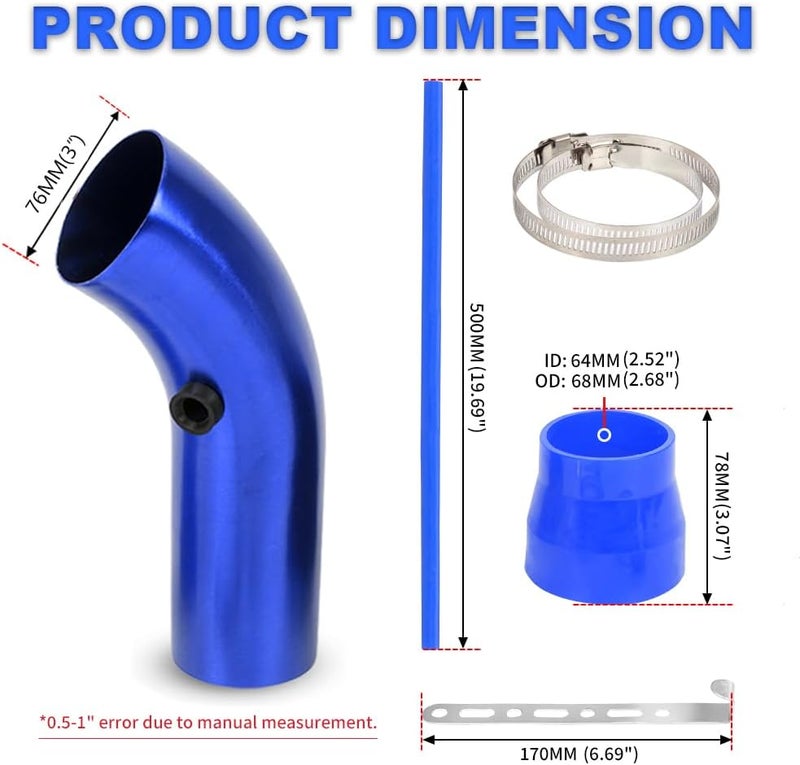 BARTOO 3 Inch Cold Air Intake Filter Pipe Curve Pipe, Aluminum Air Intake Elbow for Car Truck Turbo Piping, Blue - Image 2